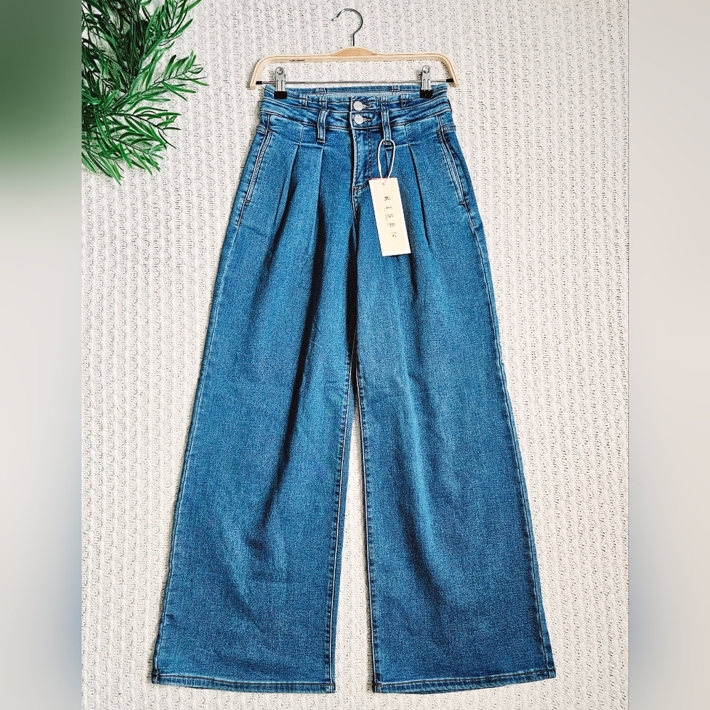 Risen MR Medium Wash Wide Leg Jeans Pleated Double Button Retro 80's Various NEW - Picture 3 of 15